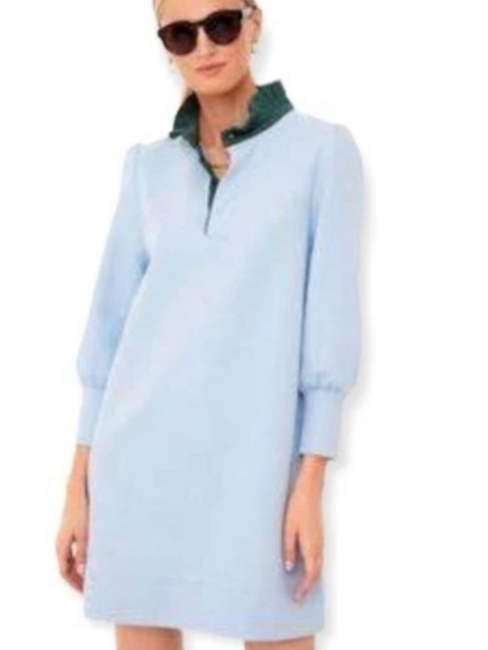 Pomander Place women's dress in soft lighLight Blue Dress with Dark Green Collar